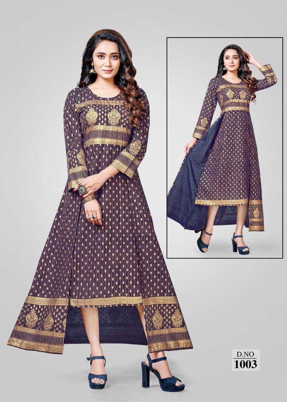 Ft Rayon  Latest Fancy Designer Gold Print Double Cut Kurti Collection